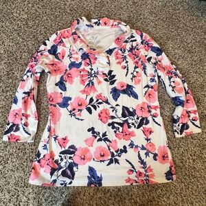 Talbots Womens Pink Navy Floral Ruffle Neck 3/4 Sleeve Cotton Stretch Top Size M